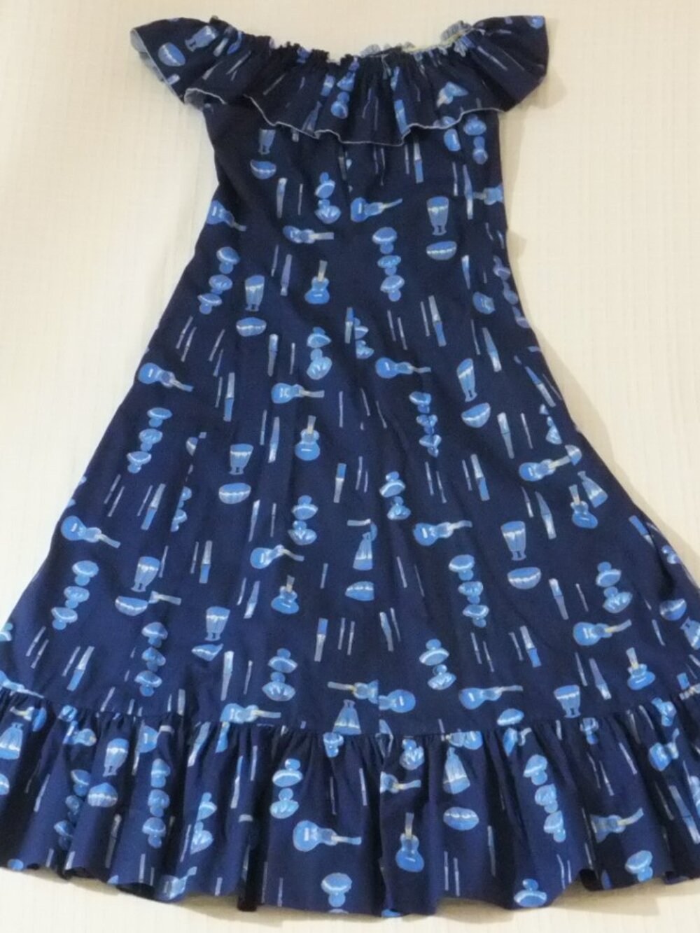 Malihini Hawaiian Dress Womens 14 Blue Sleeveless Maxi Ruffle Ukulele